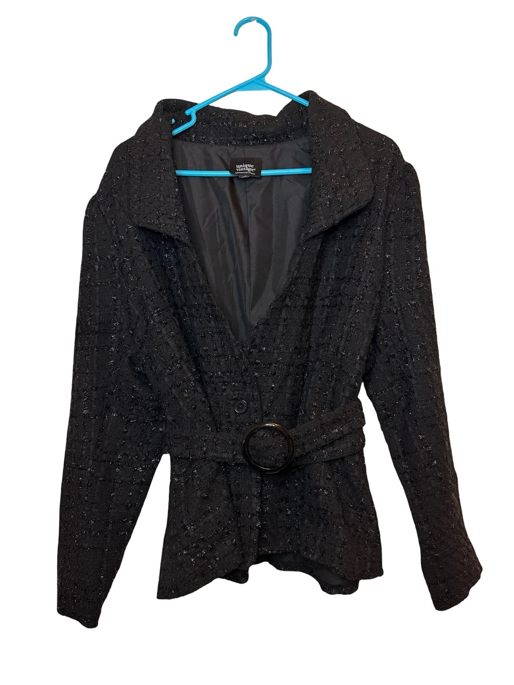 Unique Vintage Black Metallic Tweed Belted Blazer Jacket Boucle L/XL - Picture 2 of 7